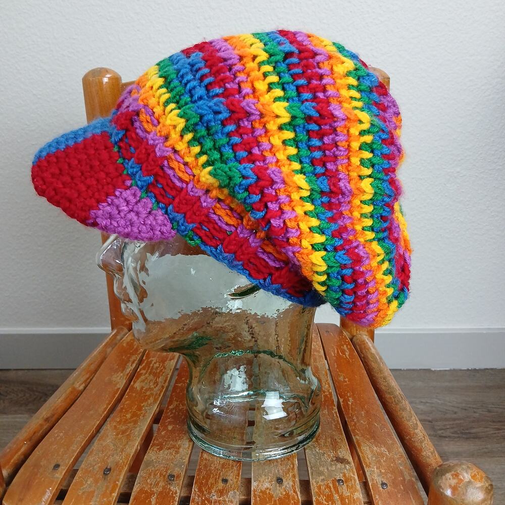 Rainbow Slouchy with a Brim OSFM handmade crochet newsboy premade Pride kidcore - Picture 2 of 8